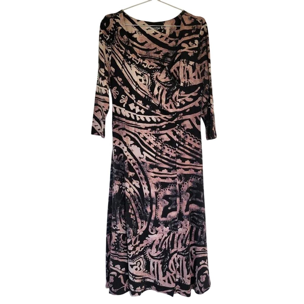 Soft Surroundings Faux Wrap Midi Dress Size L Black Lavender Abstract